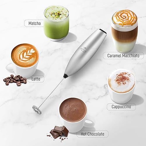 Vista 99 de Zulay Kitchen - Espumador de leche de mano con pilas AA Duracell: batidora de bebidas resistente para café, latte, capuchino y más, color aurora