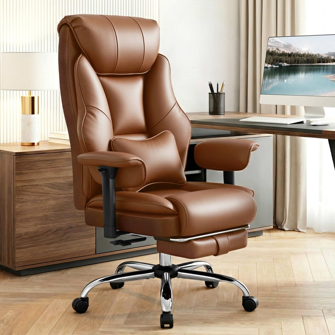 WOLTU Bürostuhl Ergonomisch,Chefsessel Doppellagige Rückenlehne, PU Braun | 3-stufige Rückenlehnenverstellung, mit Lendenwirbelstütze, Fußstütze, für Büro, Besprechungsraum