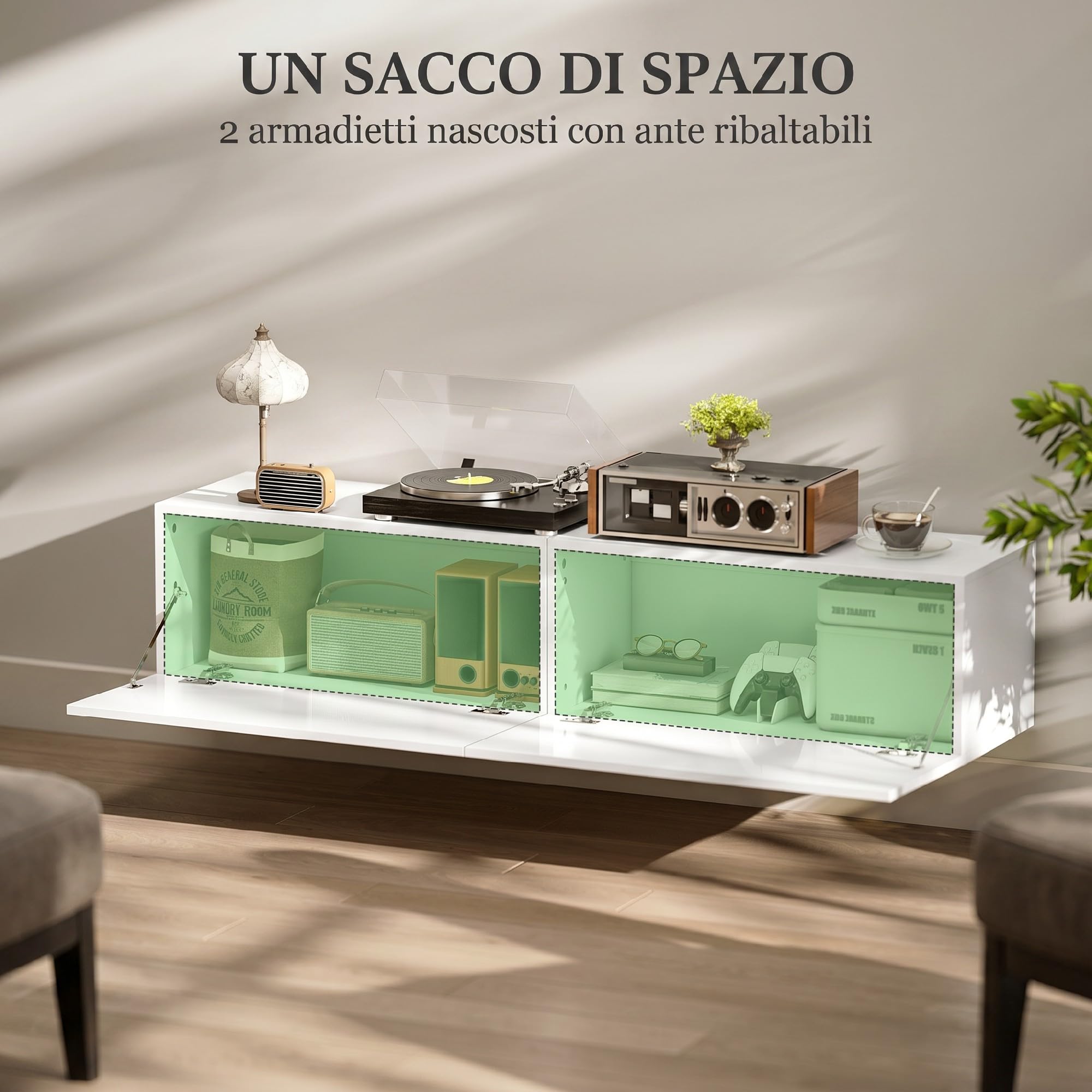 HOMCOM Mobile TV Sospeso per Televisori 140x33x29.8 cm Bianco Lucido | Mobile Porta TV, 2 Armadietti, Ante a Ribalta, per 45"-55"-65", Salotto, Soggiorno, Camera da Letto