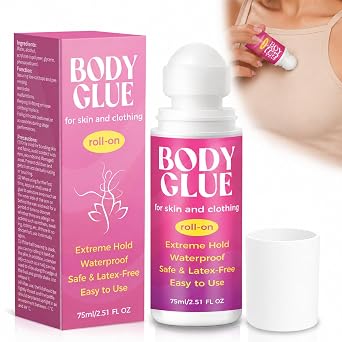 Body Glue for Clothes & Skin 2.54 Oz, Strong Body Adhesive Roll-On, Sweat Resistant & Water Washable, Professional Fashion Glue for Dancers, Butt Glue for Leotards, Wigs, Socks, Bras & Cosplay 75ml