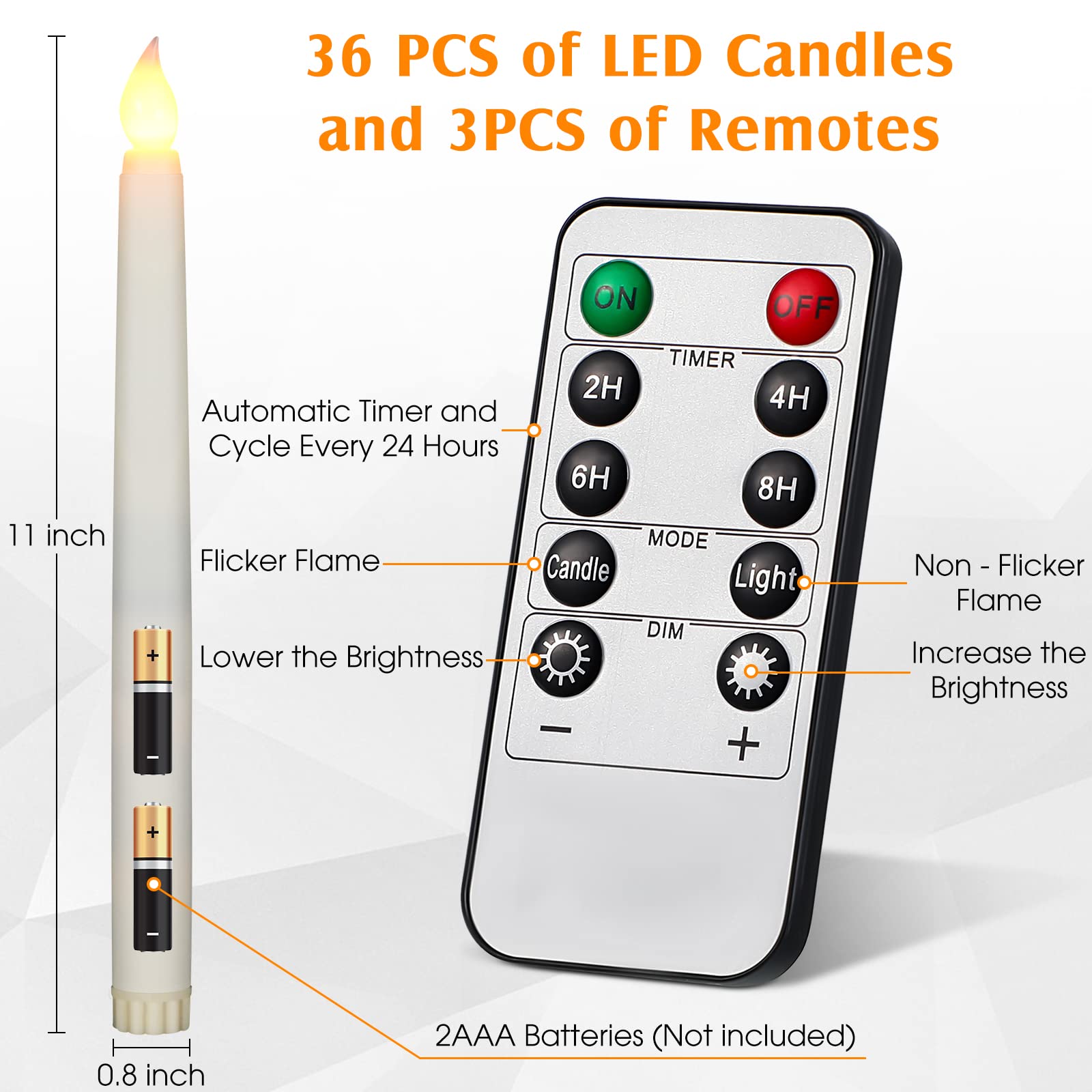 36 Pcs Flameless Taper Candles with Remote Timer 11" Battery Operated Led Taper Candles Flickering Window Candles Led Candlesticks for Christmas Halloween Wedding Decoration()