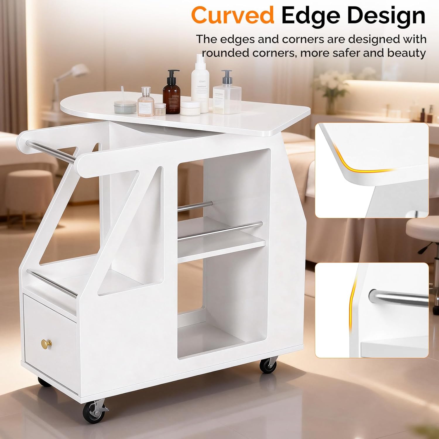 OmySalon Salon Trolley Cart, Esthetician Cart with Wheels, Side Table with 1 Drawer, 5 Open Shelf, Mobile Storage Cabinet Utility Trolley for Beauty Salon Spa, White