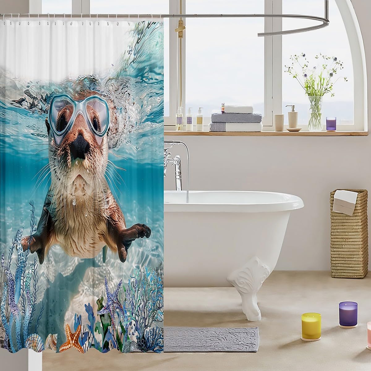 Feelyou Boys Girls Ocean Theme Bathroom Shower Curtain Set Cute Otter Shower Curtain Kids Kawaii Sealife Bath Curtain Beach Coastal Underwater World Teens Bathroom Accessories 72"x84"