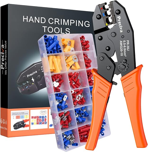 Insulated Wire Terminal Crimping Tool Kit, Preciva 0.5-6mm² Ratchet Crimping Plier, Cable Lug Pliers Electrician Crimping Tool Set with 350 Insulated Butt Bullet Spade Ring Crimp Connectors