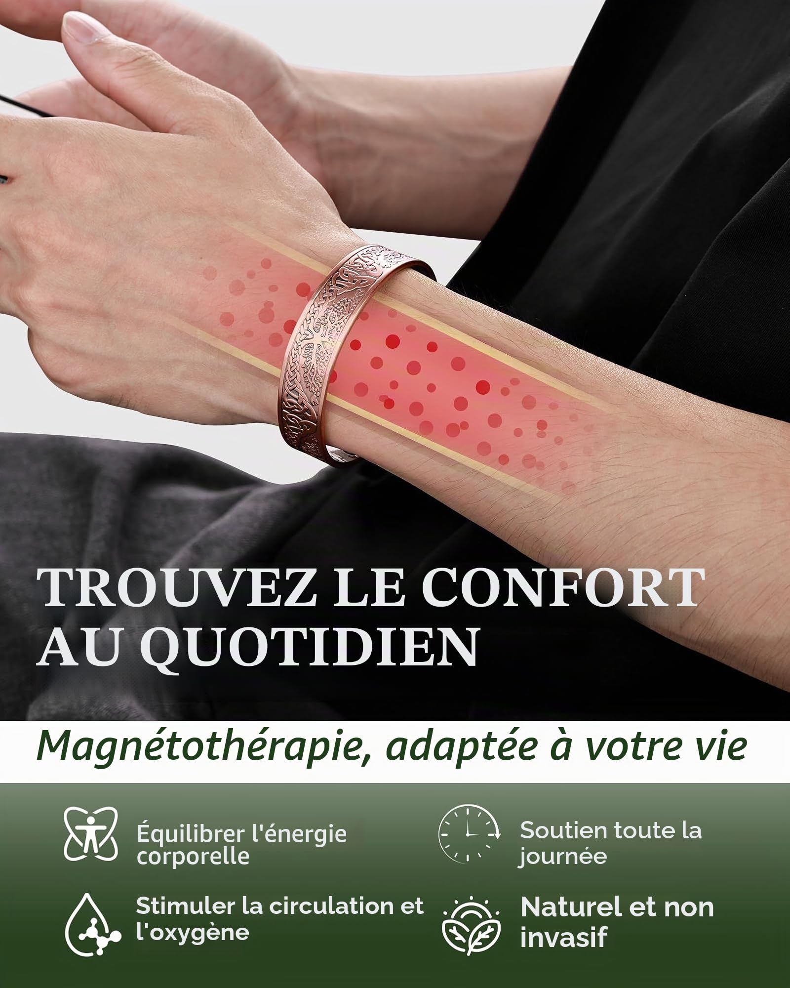 MagEnergy Bracelet en cuivre pour homme, bracelet magnétique avec 18 aimants, cuivre massif 99,99% pur, bracelet ajustable pour homme, idée cadeau (L'arbre de la vie), Eine Grösse, Cuivre