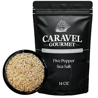 Five Pepper Sea Salt for Cooking and Finishing Premium Salt & Pepper Blend with Black, Pink, Red, Green, and White Peppercorns 14 oz Refill Pouch by Caravel Gourmet