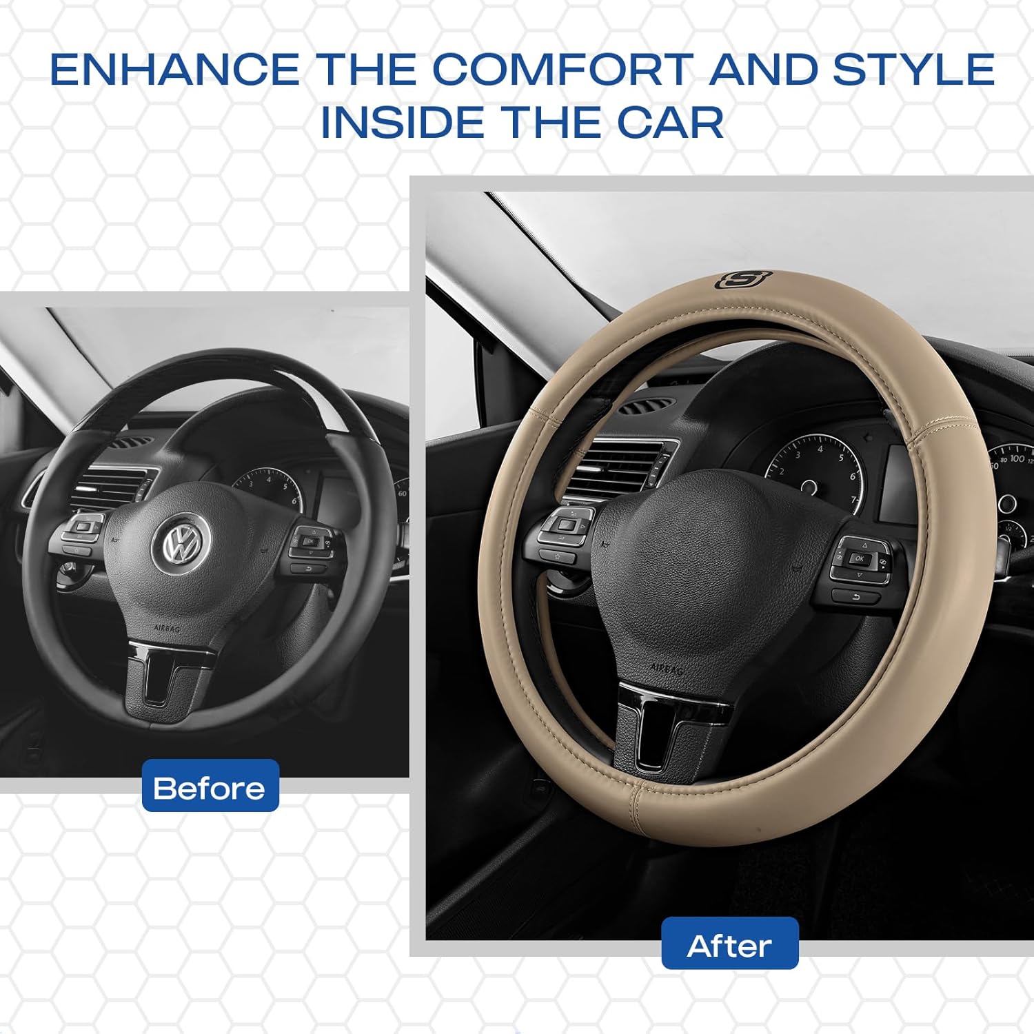 Skechers Memory Foam Steering Wheel Cover,Grade Protein Leather Steering Wheel Cover,Universal Fit 14" 1/2-15" Car Steering Wheel for Men Women Fit Suvs,Vans,Sedans,Car,Trucks,Beige