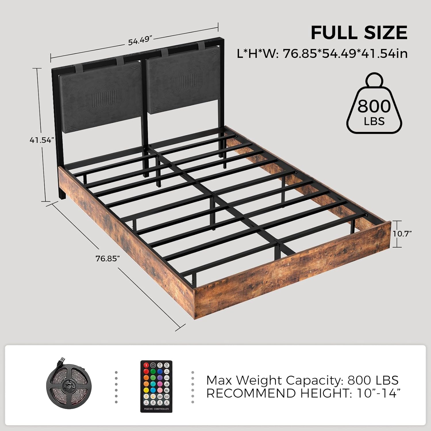 LUCKLIFE Floating Bed Frame Full Size, with Adjustable Headboard and Smart LED Lights, Upholstered Bed Frame with RGB Lights, Modern Metal Bed, Easy Assembly, Under-Bed Storage, Bedroom
