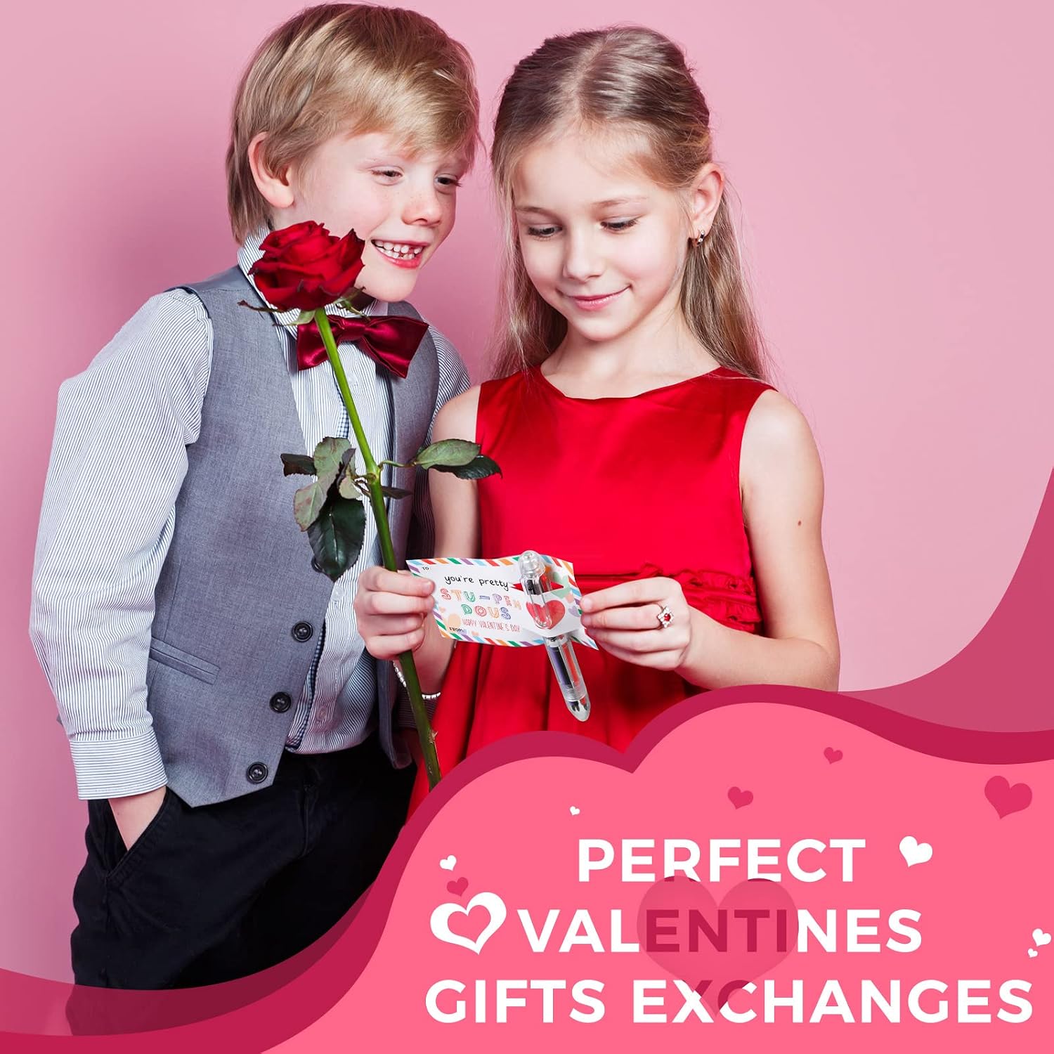 Sabary 24 Set Valentines Day Card and Multicolor Pen Gift Greeting Card and Retractable Multicolored Pen for Kids School Valentine's Day Student Classroom Exchange Gift Party Favor (6-in-1)