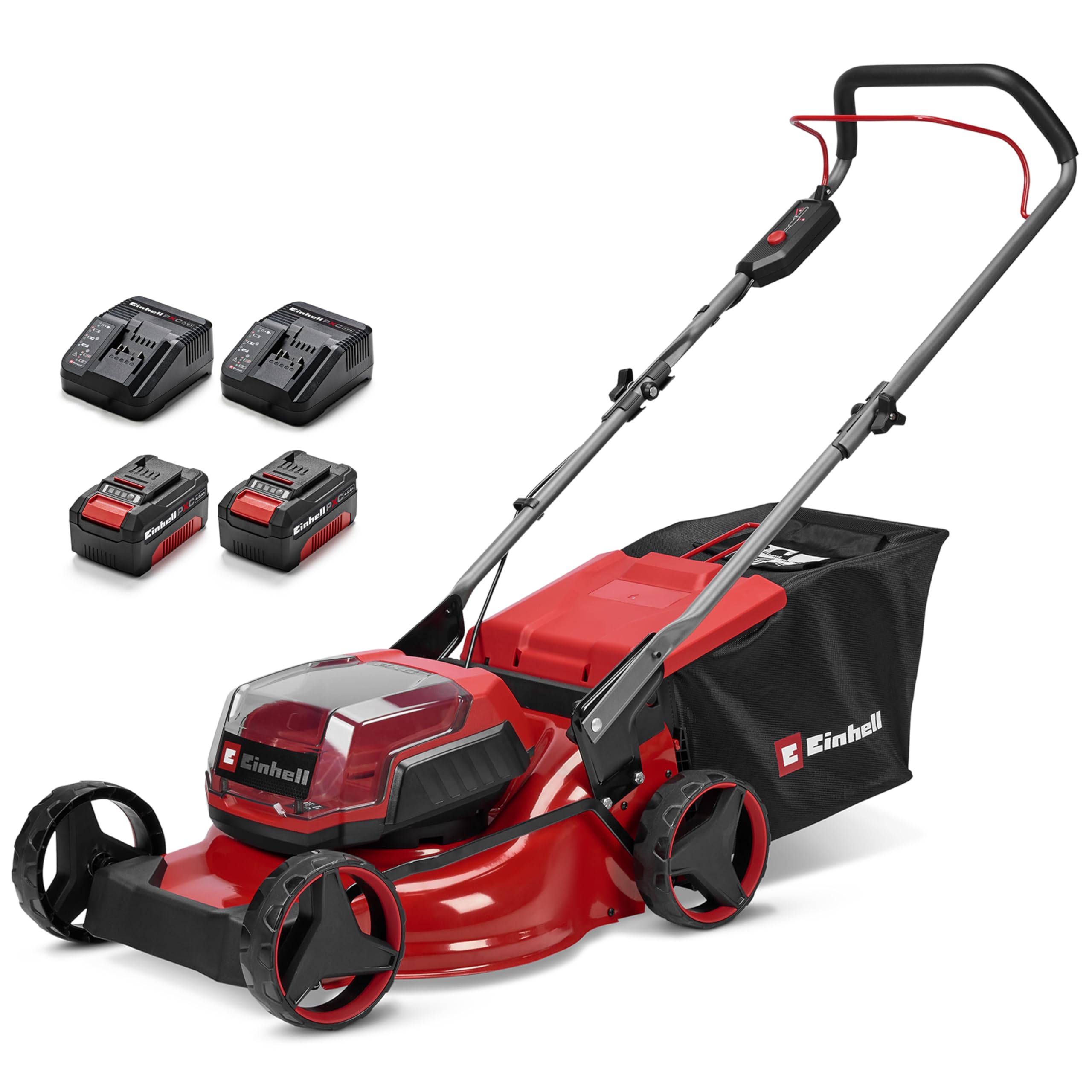 Einhell cortacésped con batería GC-CM 36/42 Li BL (2x4,0Ah) Power X-Change (36 V, 42 cm de Ancho de Corte, hasta 400 m², Brushless, Cesta 50 L, Incl. 2 baterías 4,0Ah + 2 Cargadores)
