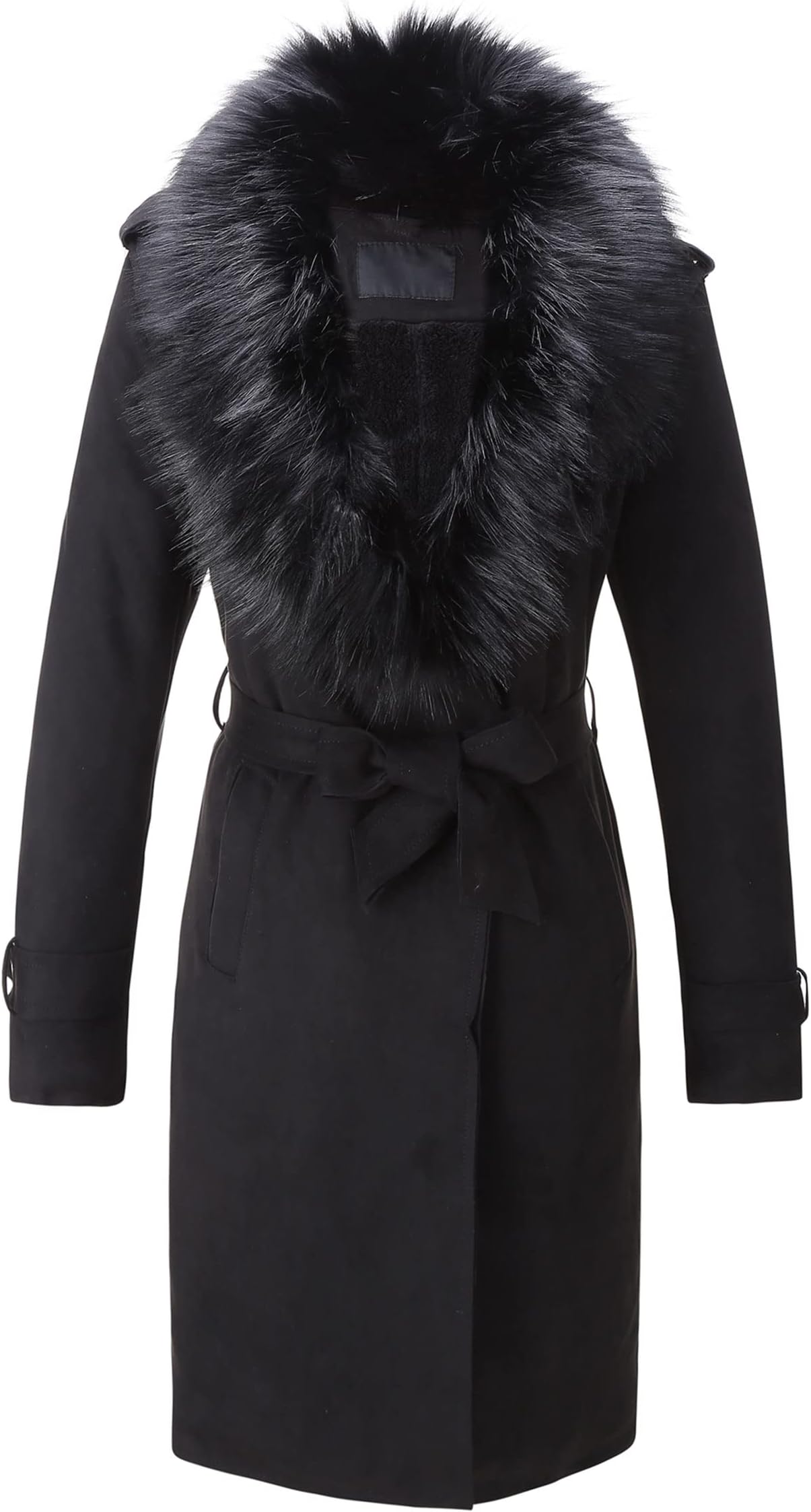 Women Faux Leather Trench Coat Fleece-Lined Mid-length Jacket with Detachable Fur Collar