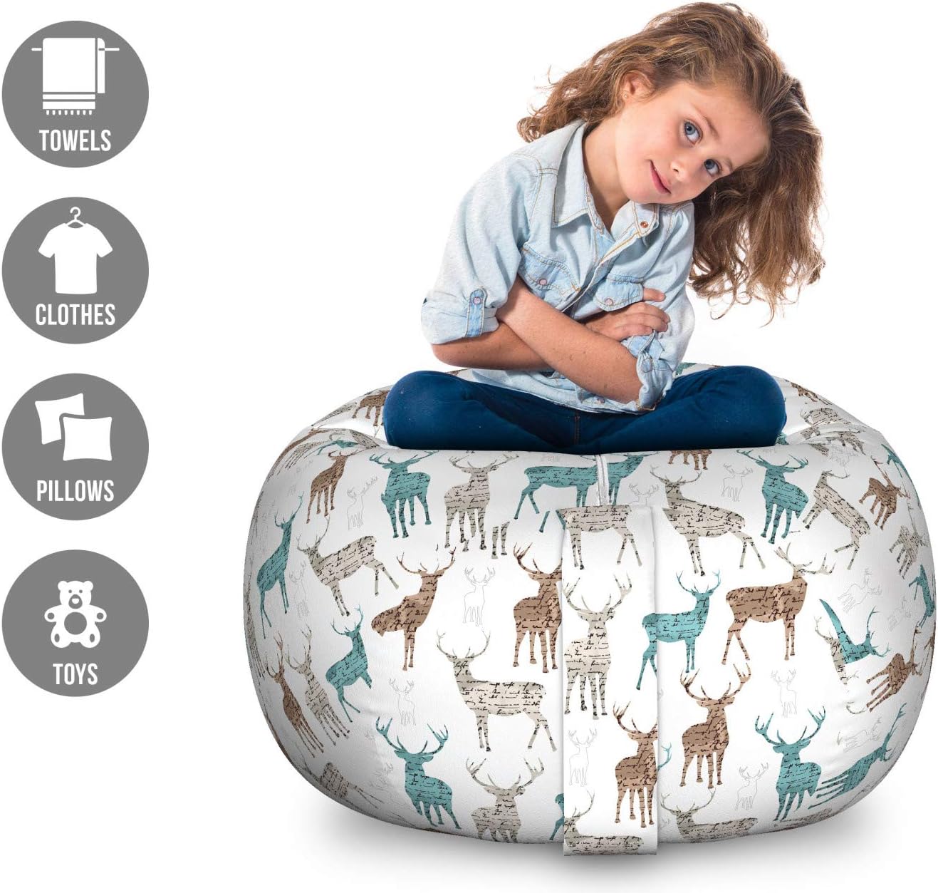 Ambesonne Deer Storage Toy Bag Chair, Animals with Old Text Pattern Christmas Theme Vintage Inspired Illustration, Stuffed Animal Organizer Washable Bag, Large Size, Turquoise Beige