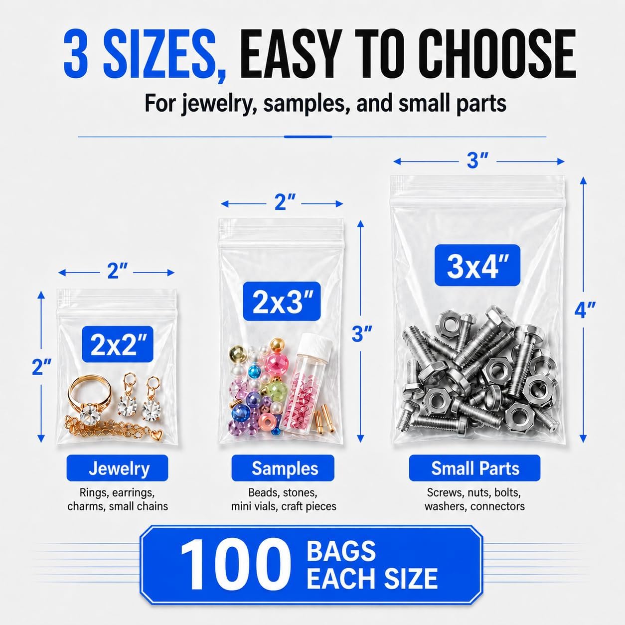 Small Plastic Bags, 300 PCS Small Jewelry Bags 3 Assorted Sizes 2x2 2x3 3x4 Inch. Mini Clear Reclosable Zip Baggies for Jewelry Storage, Craft Supplies, Beads