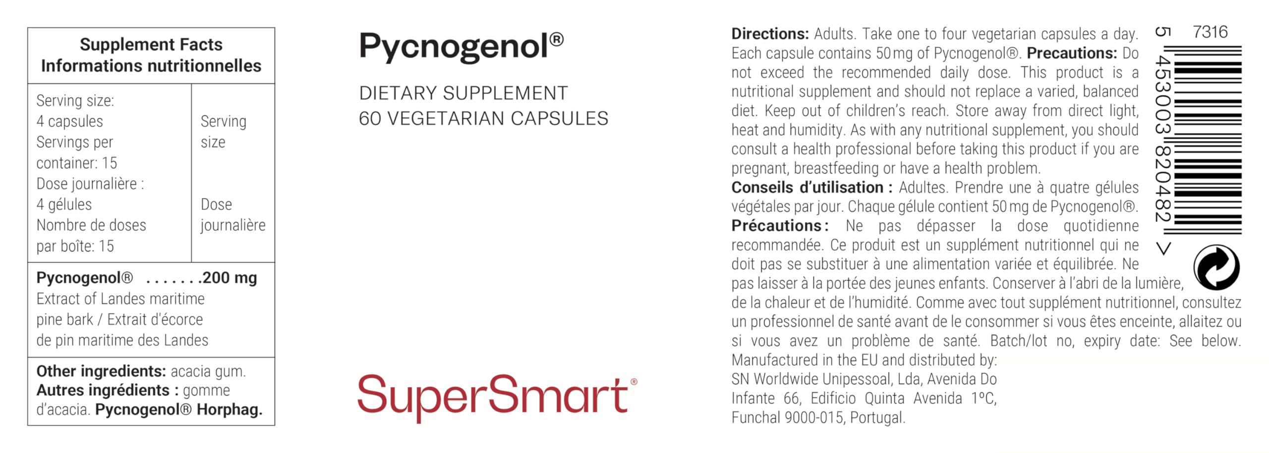 Pycnogenol® - Patentierter Französischer Seekiefernrinden-Extrakt - 60 vegetarische Kapseln - Unterstützt die Durchblutung und den Bein-Komfort - SuperSmart