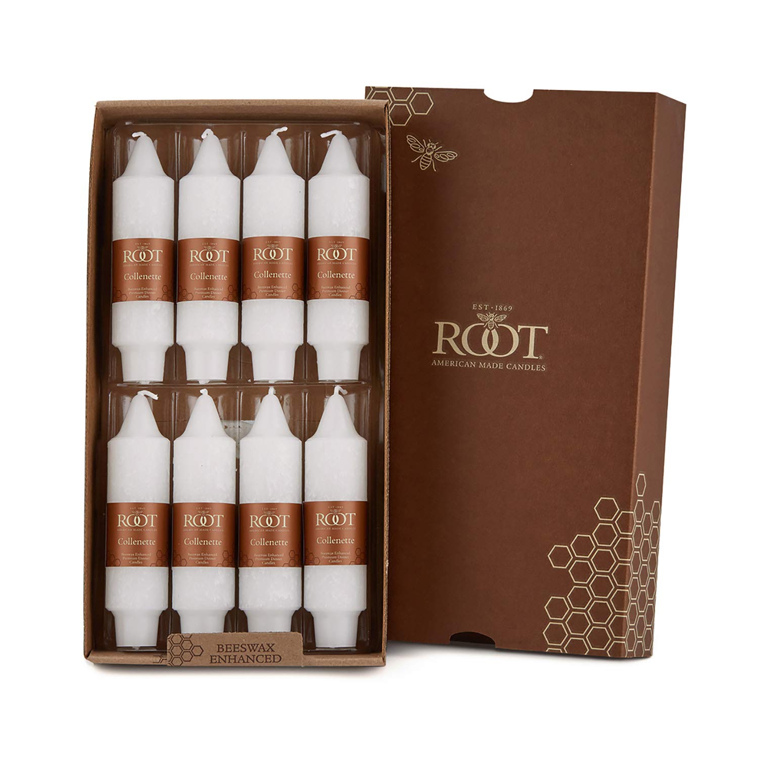 Root Candles 8-Count Unscented Dinner Candles Dripless Beeswax Enhanced Timberline™ Collenette Boxed Candle Set, 5-Inch, White
