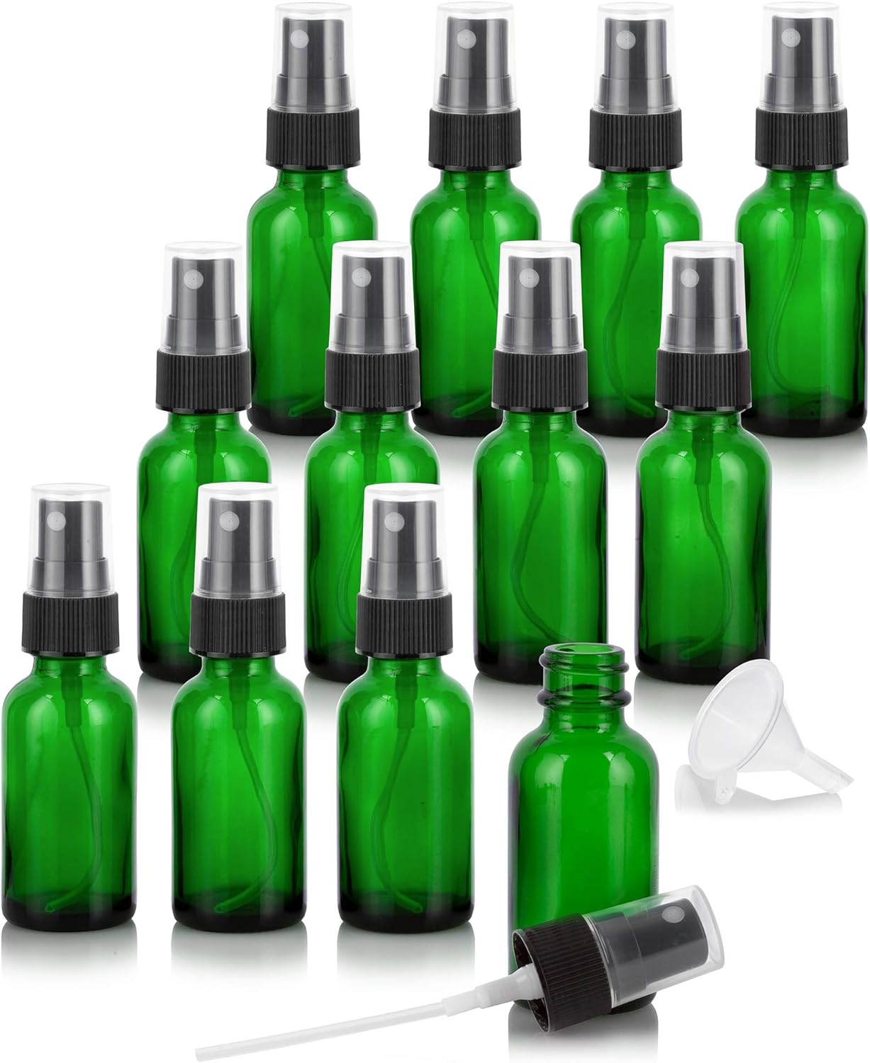 JUVITUS 1 oz Green Glass Boston Round Bottle with Black Fine Mist Spray (12 Pack) + Funnel