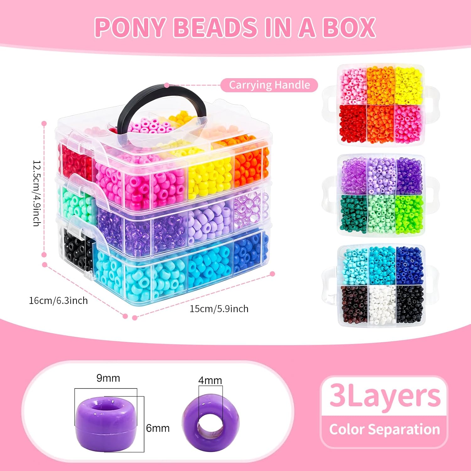 3600Pcs Pony Beads, 18Assorted Colors 6x9mm Plastic Kandi Beads Bulk for Bracelets Hair Braids Jewelry Making DIY Crafts