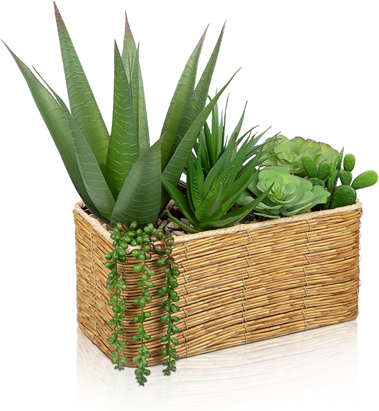 Hollyone Artificial Succulent Plant Arrangement Centerpiece Assorted Fake Agave Succulents in Rectangular Woven Basket 12" Faux Potted Succulents for Indoor Home Office Table Windowsill Shelf Decor