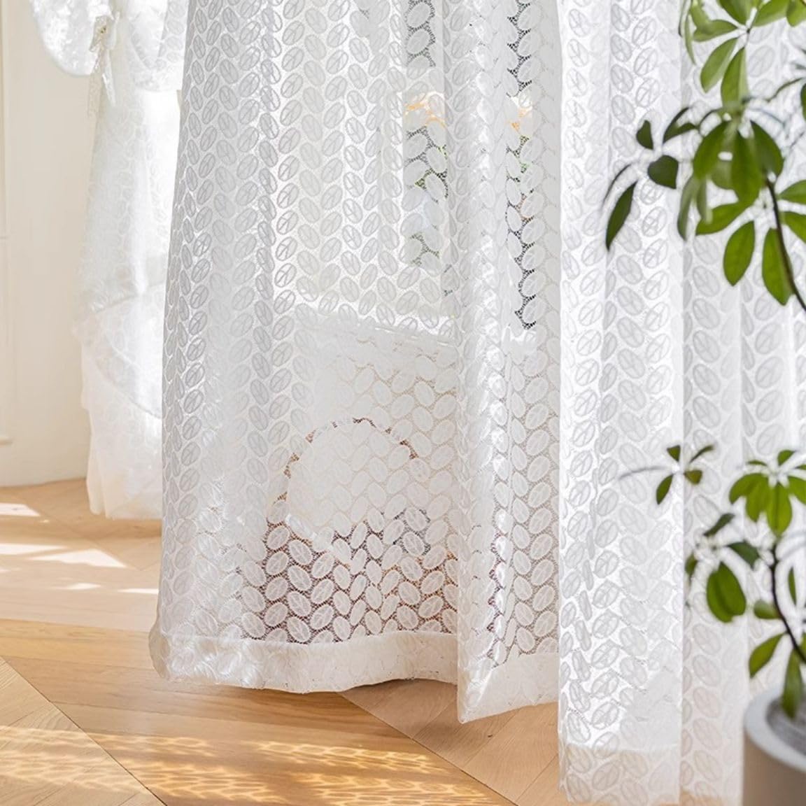 Rideau brise-bise blanc 160x100 avec motif feuilles pour vitrage de balcon