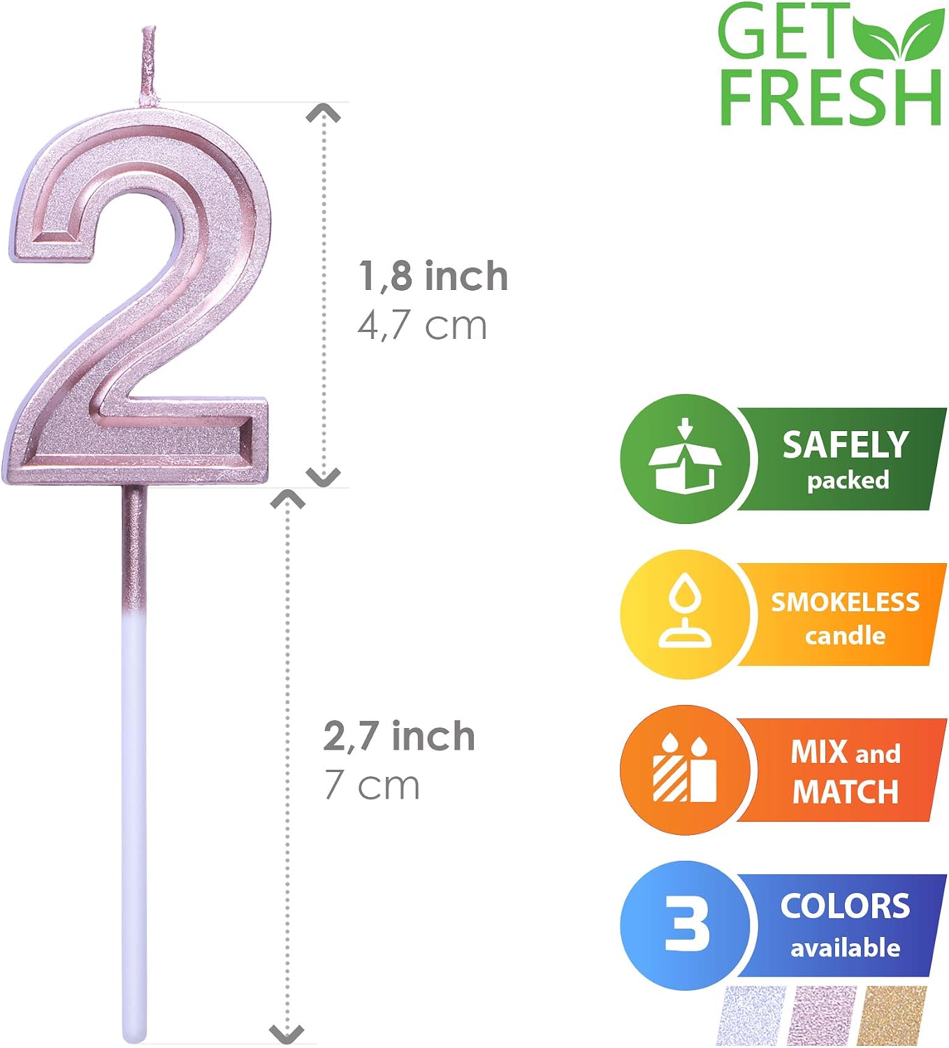 GET FRESH Number 2 Birthday Candle, Rose Gold Number Two Candle on Stick - Image 3