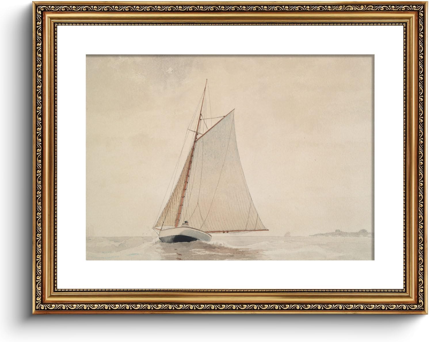 VIYYIEA Gold Framed Wall Art Canvas Print Home Decor for Living Room White Sailboat Seascape Watercolor Vintage Beach Painting on Canvas - Coastal Wall Art Prints for Bedroom Office Bathroom 16x20in White Sailboat 20"L x 16"W