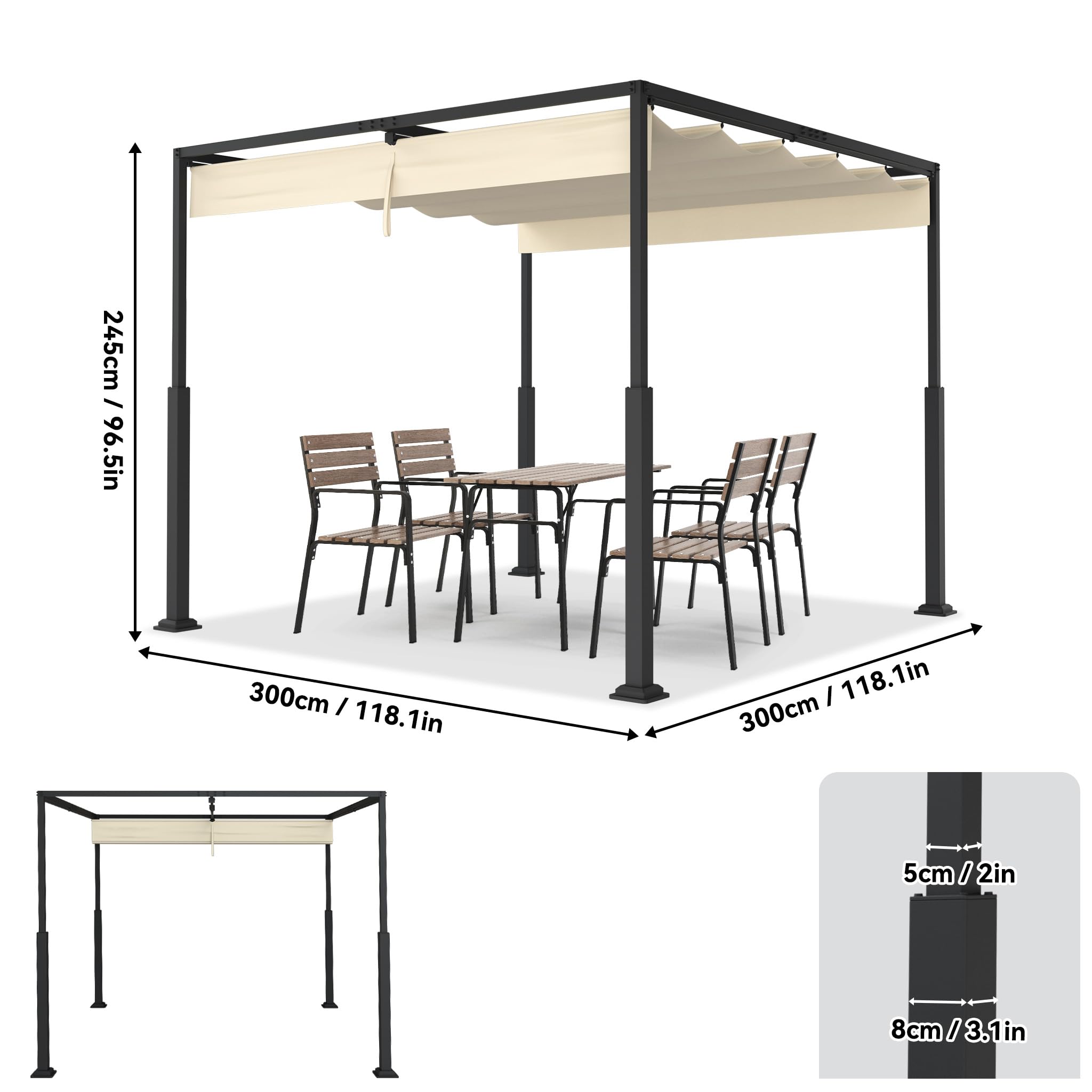 YRHome Pergola z przesuwnym dachem 3 x 3 m, pawilon ogrodowy ze stali i poliestru, wodoszczelny i odporny na warunki zimowe, wolnostojący dach tarasowy z wytrzymałymi metalowymi kolumnami, ochrona