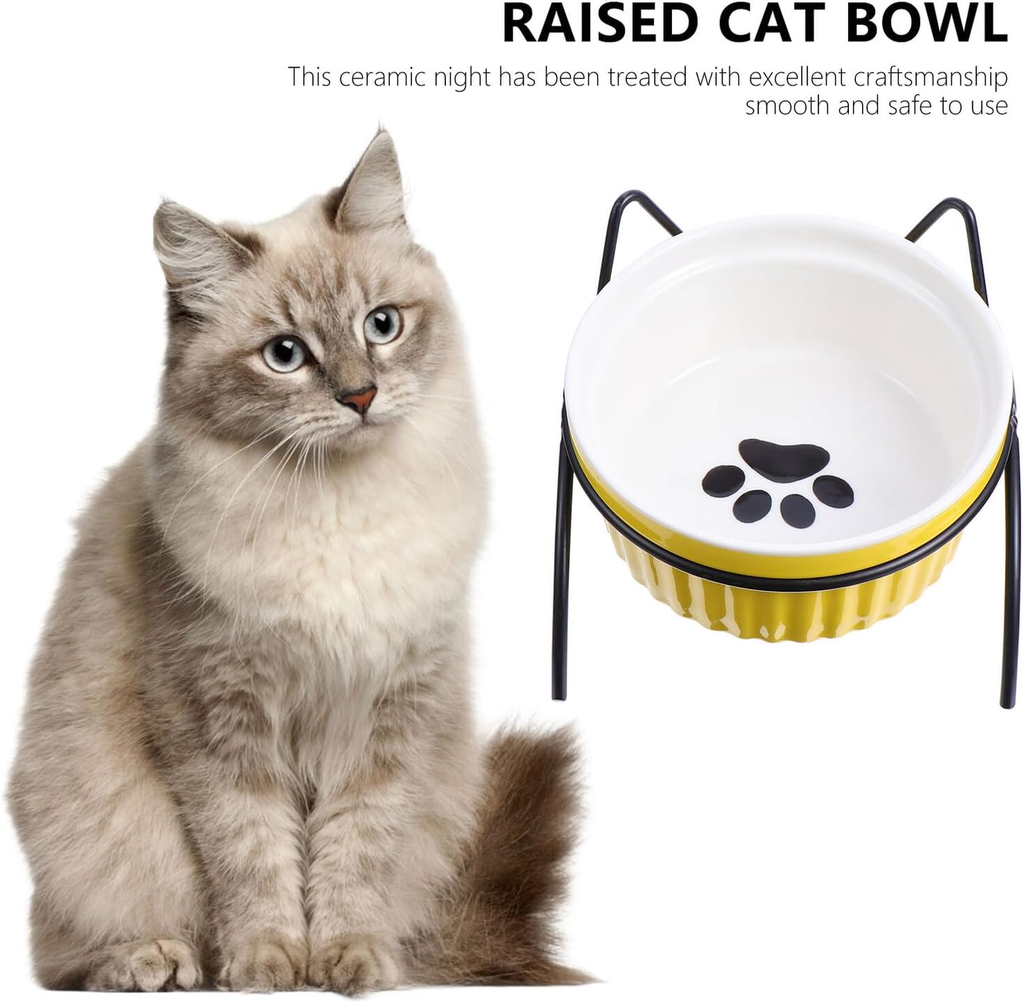 VICASKY Ceramic Cat Bowls with Elevated Metal Stand 4pcs Set Including 2 Food Bowls and Tilted Raised Feeding Dishes for Indoor Cats