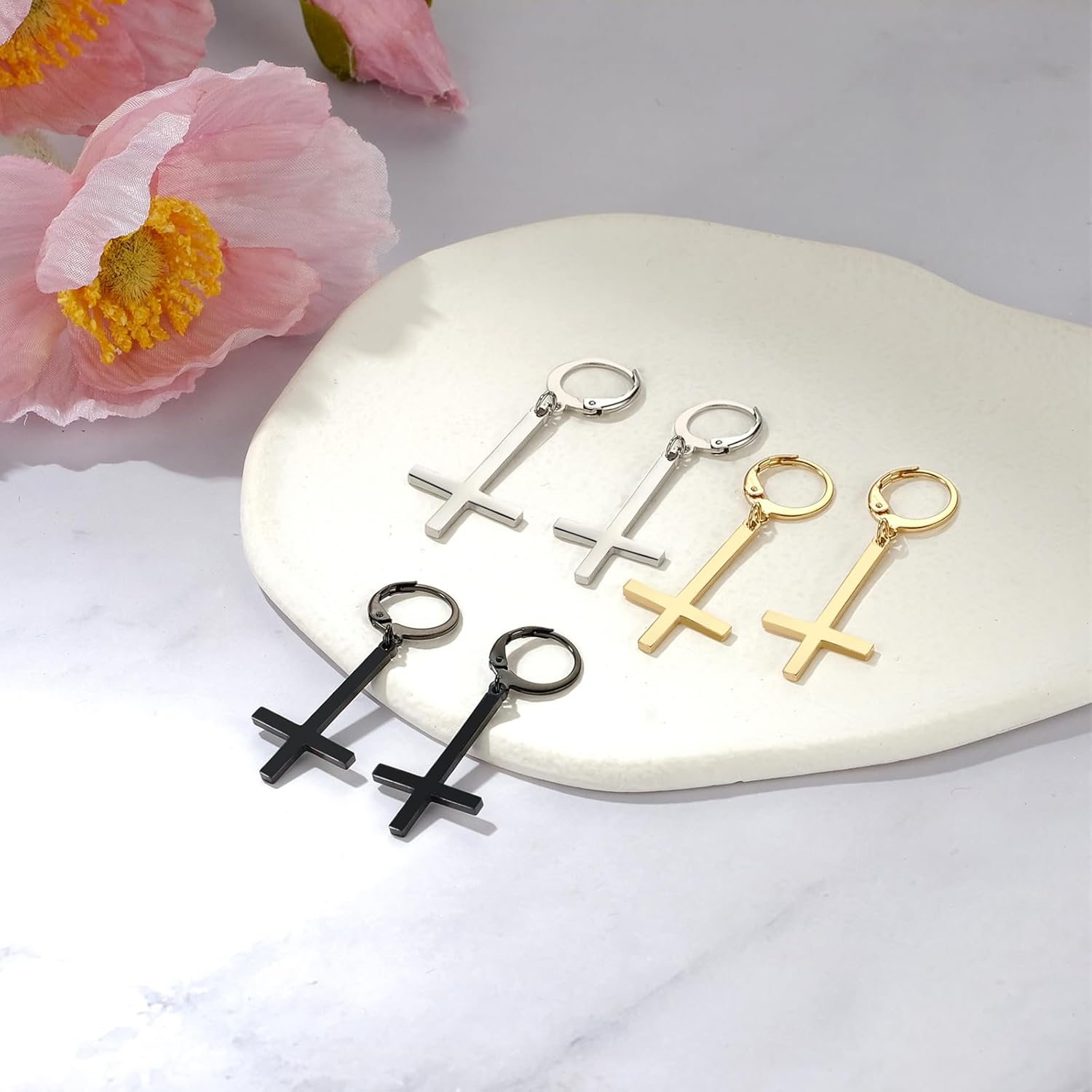 OIDEA Inverted Cross Earrings for Men Women: Punk Stainless Steel Upside Down Cross Earrings Drop Dangle Huggie Hoop Earrings Gothic Christian Jewelry Gifts - Image 5