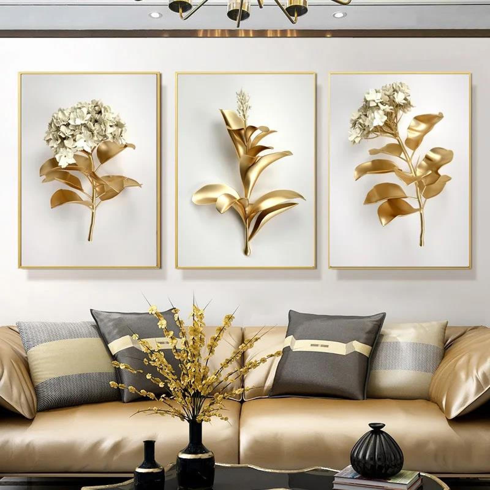 Baibexing Abstract Gold Plants Leaves And Flowers Canvas Painting Poster Prints Wall Art Picture Modern Living Room Home Decor 30X40Cmx3Pcs Unframed