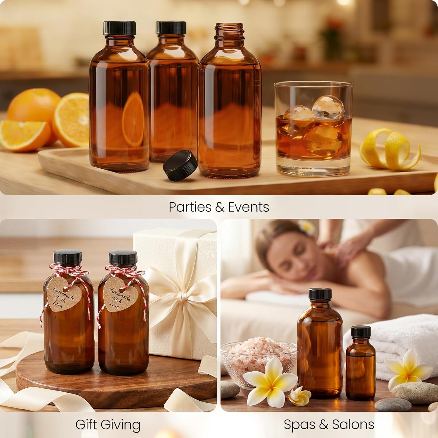 TBWIND 24 Pack 8oz Amber Glass Bottles with Lids, Boston Round Bottles with Airtight Polycone Caps for Homemade Vanilla Extract, Tinctures, Juice, Syrups, Kombucha & Herbal Liquids