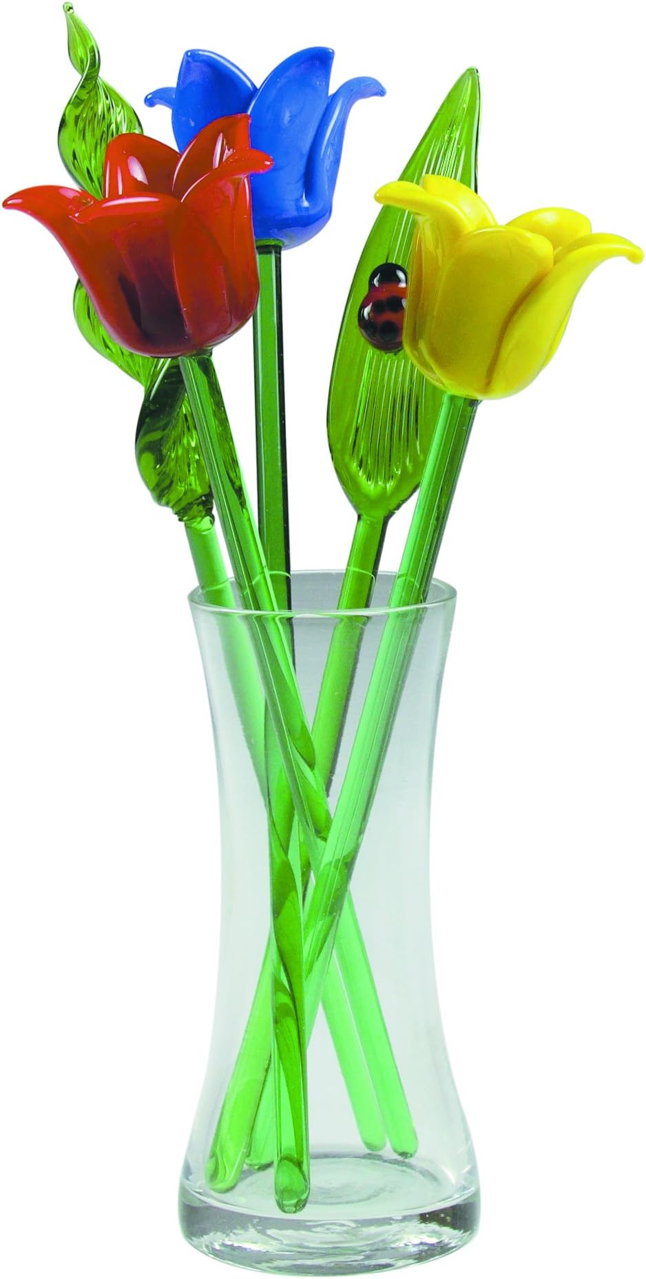 NEW Hand Blown Glass Tulip Flowers & Leaves Set & Glass Vase & Ladybug on Leaf
