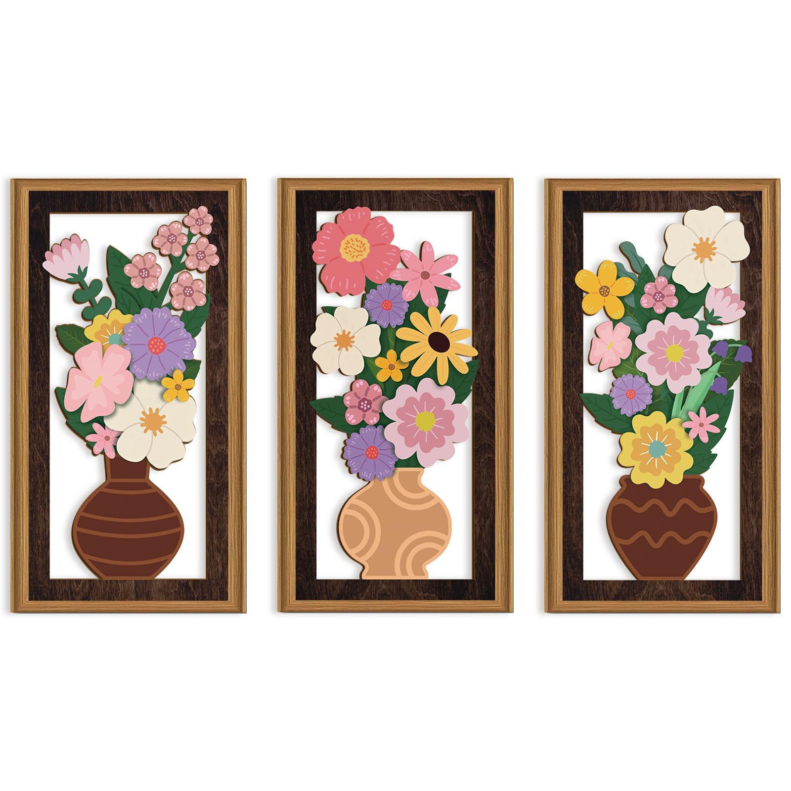 ANHUIB 3 Pcs Boho Flower Wall Decor Boho Flower Wood Wall Art Bohemian Floral Artwork Wooden Pink Wildflower Wood Art Set Flowers Potted Plant Bohemian Artwork for Living Room Bedroom Office 20x40cm โ image 1