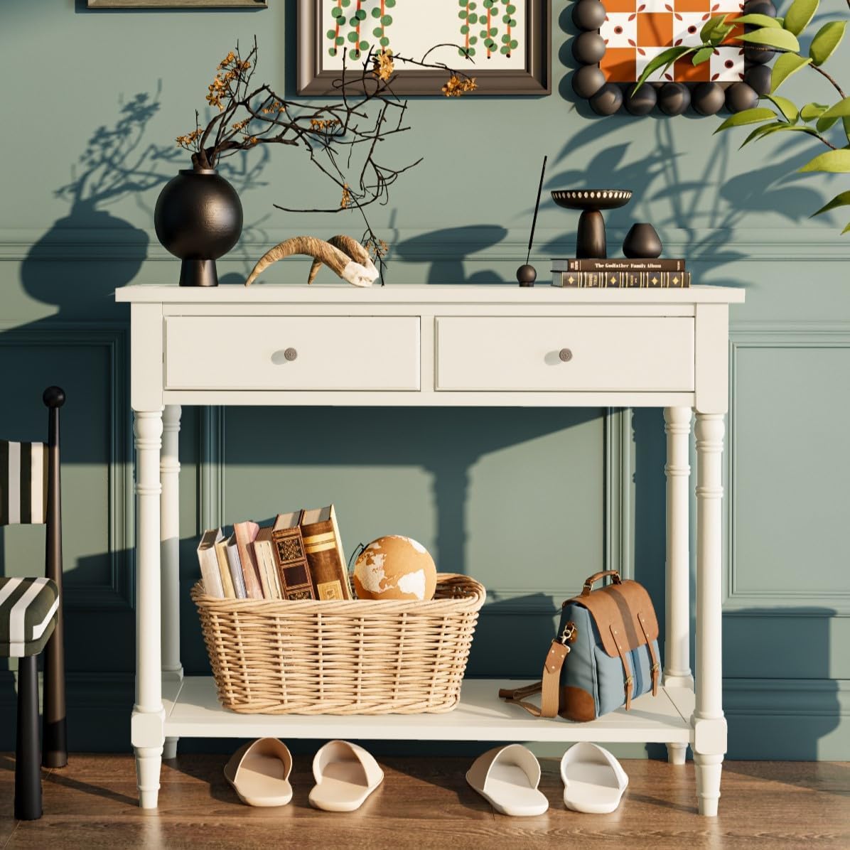 PADMA HOUSE Solid Wood Console Entry Table with 2 Drawers, Accent Sofa Table with Storage Shelf, Narrow Entryway Hall Table for Living Room Office Easy Assembly 90 * 35 * 76.5 cm (White)
