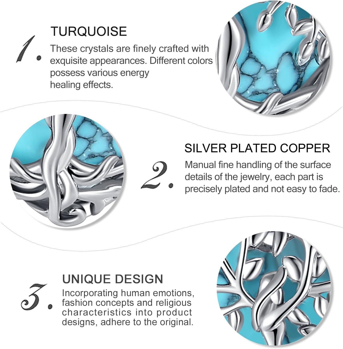 Vito Tree of Life Necklace for Women Men, Silver Plated Copper Teardrop Moonstone/Obsidian/Turquoise/Amethyst/Malachite Crystal Tree Necklace Protection Energy Amulet Jewelry Gift for Mom Wife, 20+2" - Image 8