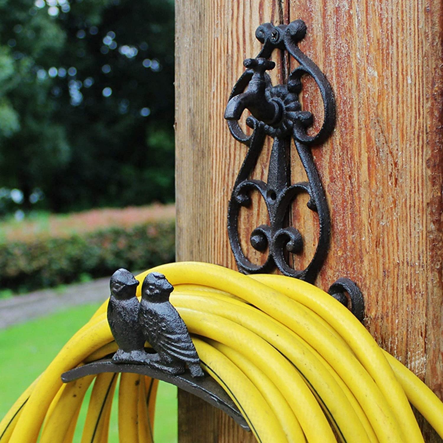 X&Z-XAOY Carrete De Soporte De Manguera Decorativo De Estilo Retro Soporte De Manguera De Jardín De Hierro Fundido De Alta Resistencia Dos Pájaros Almacenamiento De Manguera De Agua