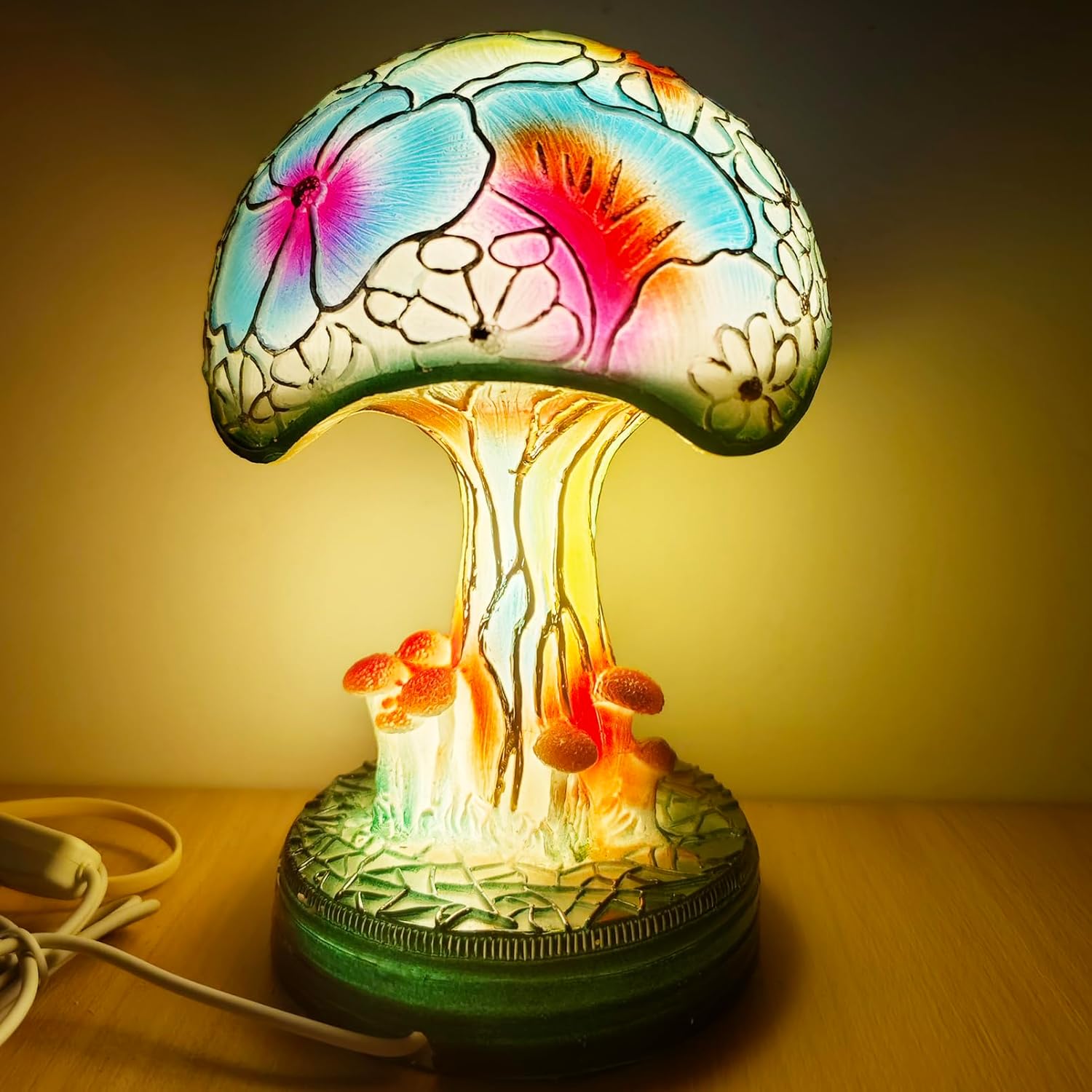 Painting Mushroom Table Lamp, 7.9Inch New Stained Glass Plant Night Light,Bohemian Resin Mushroom Decorative Bedside Lamp for Bedroom Living Room Home Office Decor Gift (M)