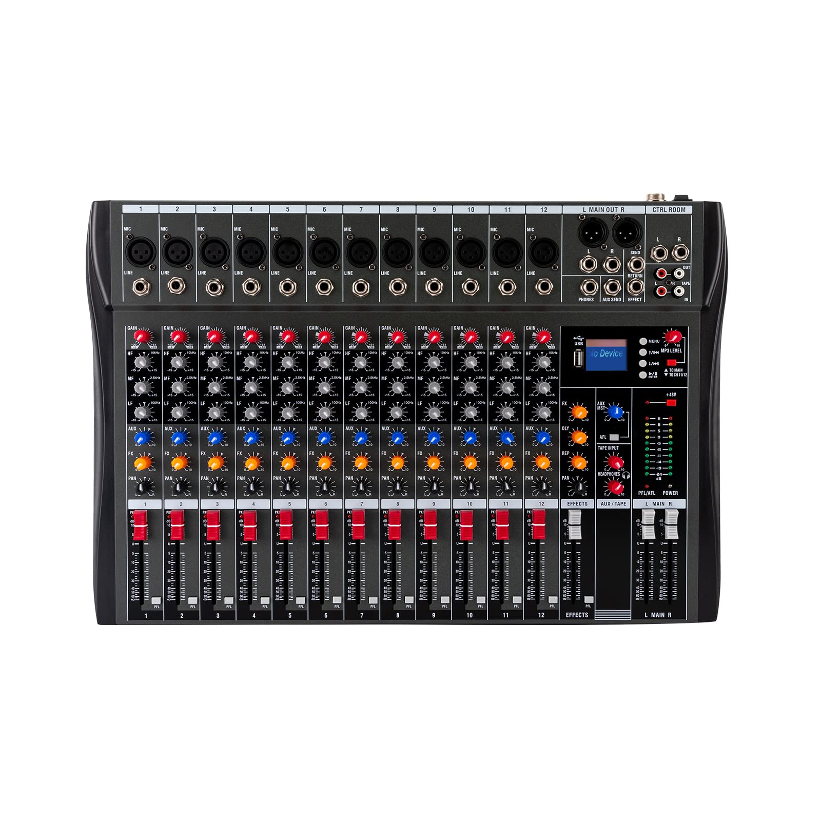 Mesa de mezclas profesional, mezclador de audio de estudio de 12 canales con base de micrófono XLR, alimentación fantasma de 48 V, con Bluetooth, control en tiempo real, controlador de sonido DJ