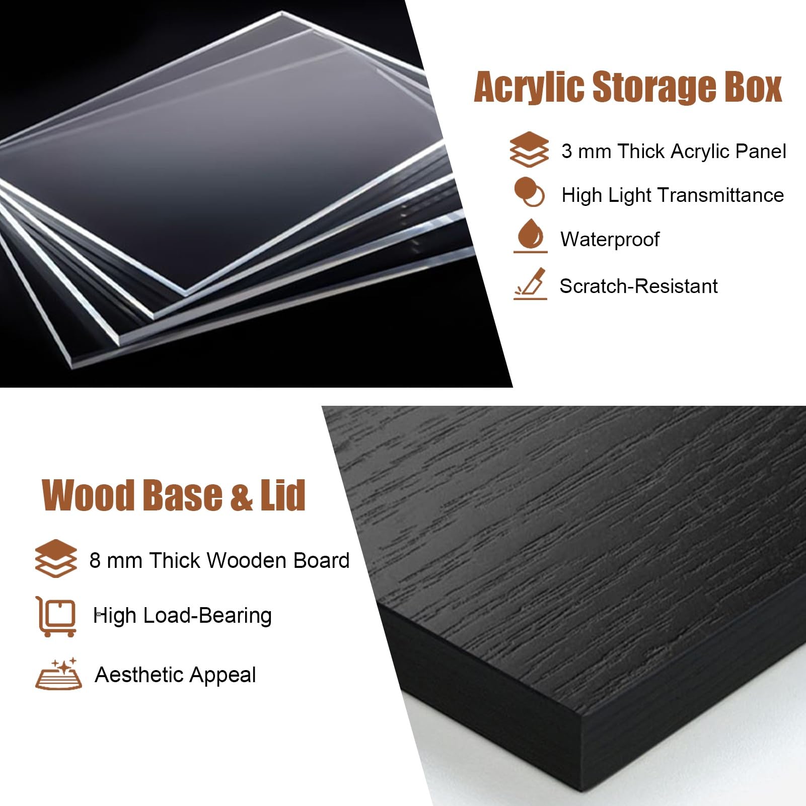 Teca Plexiglass Luce a LED, Scatola in Acrilico con Retro Nero, Vetrina | Vetrina Illuminata con Base e Coperchio in Legno, Organizer con Anta Scorrevole per Statuette con Testa Oscillante