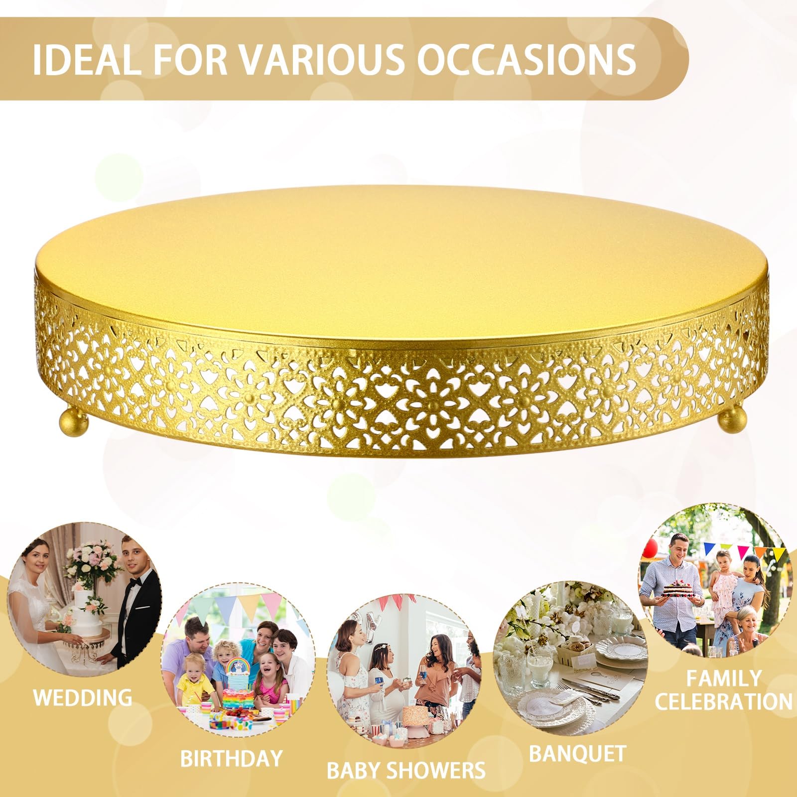 Wenqik Alzata rotonda in metallo per cupcake, dessert, torte nuziali, biscotti, vassoio da portata per frutta, per matrimoni, compleanni, anniversari, feste (oro, 35,5 cm)