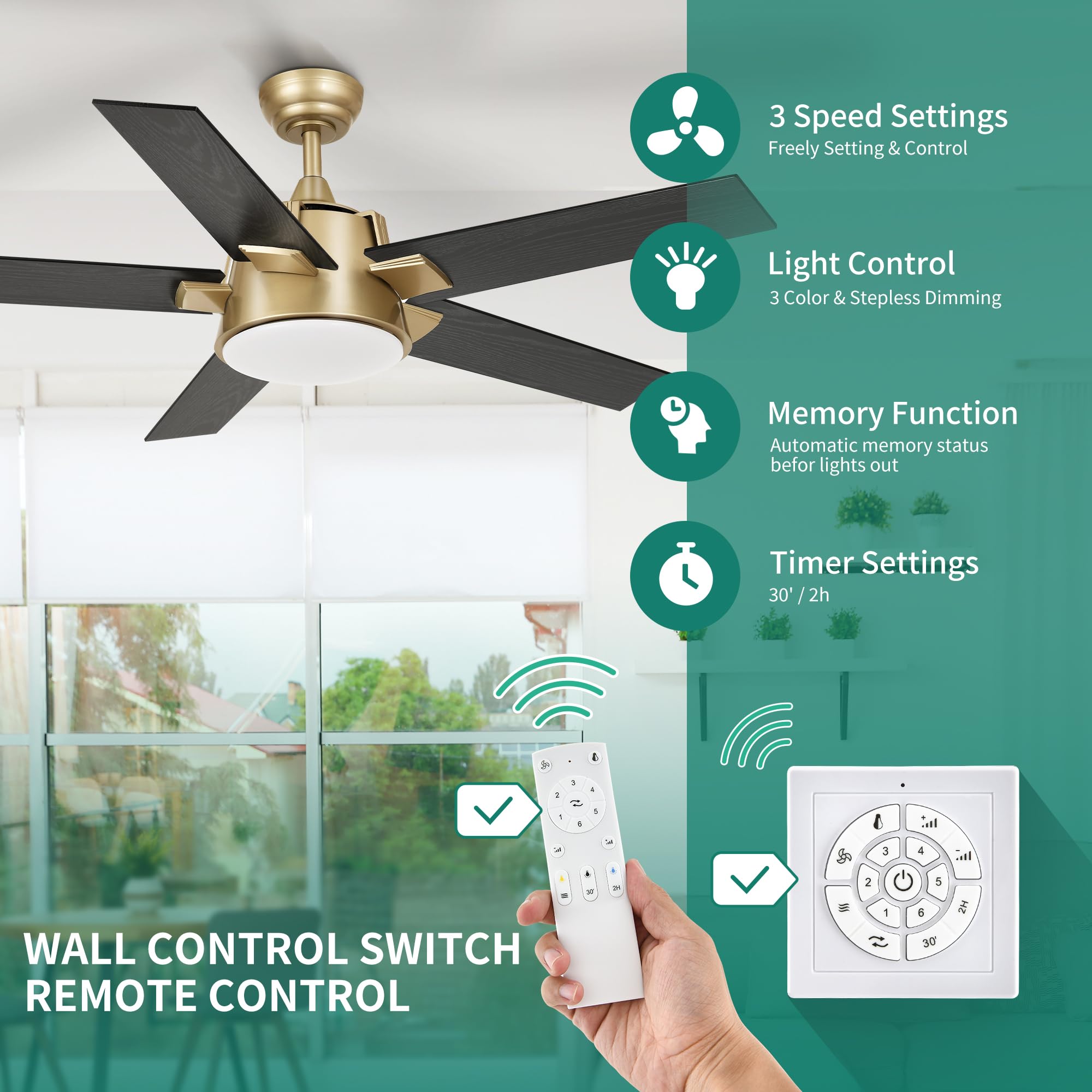 Phoo2♡ YITAHOME Black Gold Ceiling Fan with Light and Wall Switch