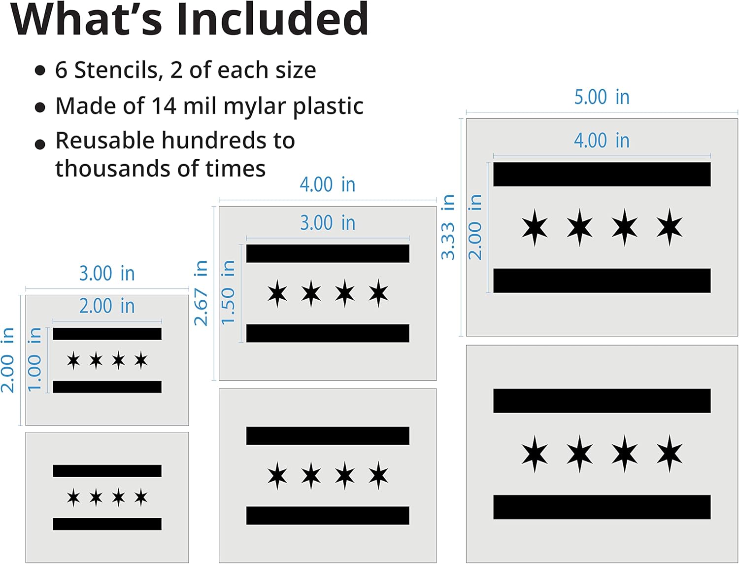 Stencil Stop Chicago City Flag Stencil - Reusable for DIY Projects, Painting, Drawing, Crafts - 14 Mil Mylar Plastic (6 Pack (2", 3", and 4", 2 Each))