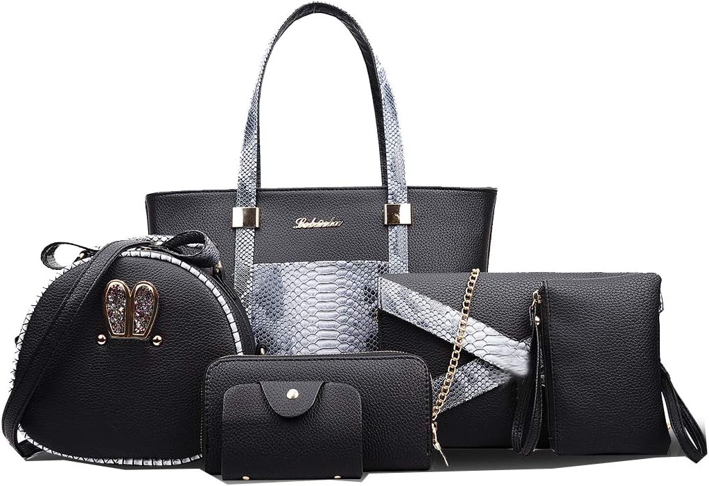 Tisdaini Women's Handbags Fashion 6 Set Hard Skin PU Leather Cross-Body Top-Handle Shoulder Wallet