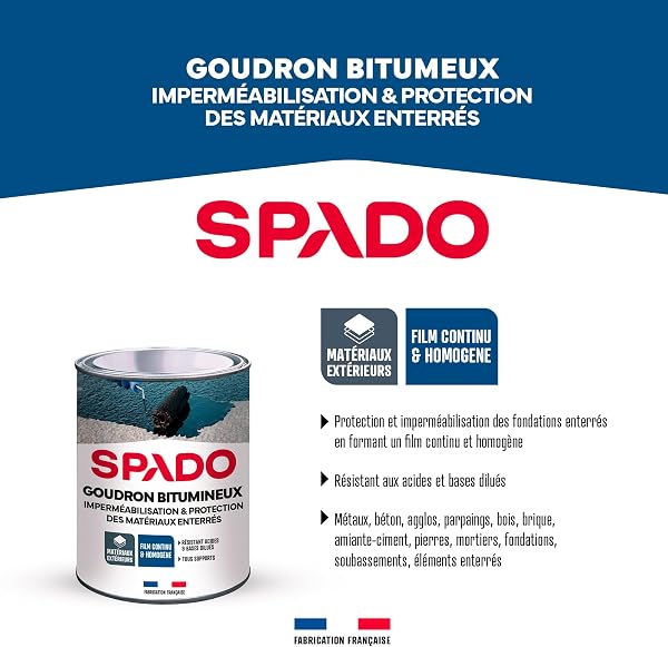 SPADO - Goudron Bitumineux - Protection des Surfaces Extérieures Enterrées & Bois - Imperméabilisant - Formule Anti-Rouille, Anti-Acide, Anti-Humidité - Fabrication Française - 1 Litre - 3