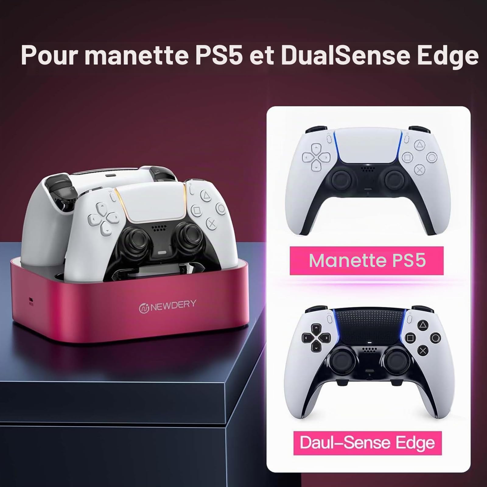 NEWDERY Station De Charge Pour Manette PS5 Compatible Avec Manette Dualsense Edge, Station De Charge Rapide Avec Câble