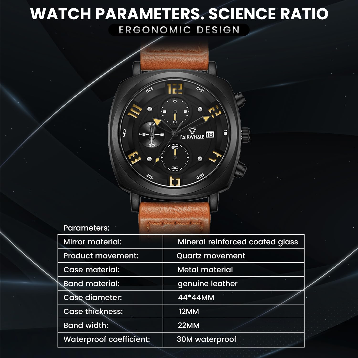 Table of watch parameters including mirror material, movement, case material, band material, case diameter, case thickness, band width, and waterproof coefficient.