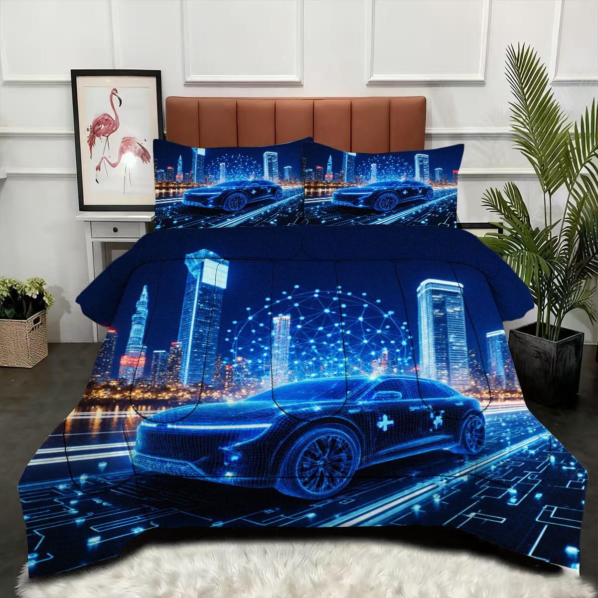 Couette 160x200 Voiture de Sport 3D avec 2 taies d'oreiller pour lit simple