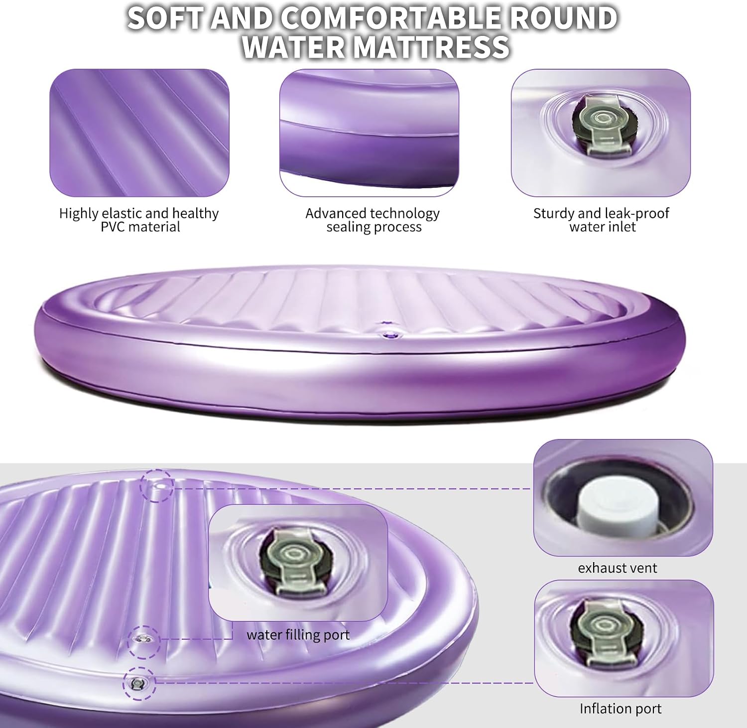 Round Waterbed Mattress, 95% Small Wave Softside PVC Water Bed, Stable Sleep Surface, with Hose, Electric Air Pump, Ideal for Seniors and Sensitive Sleeper (87.6 Inch)