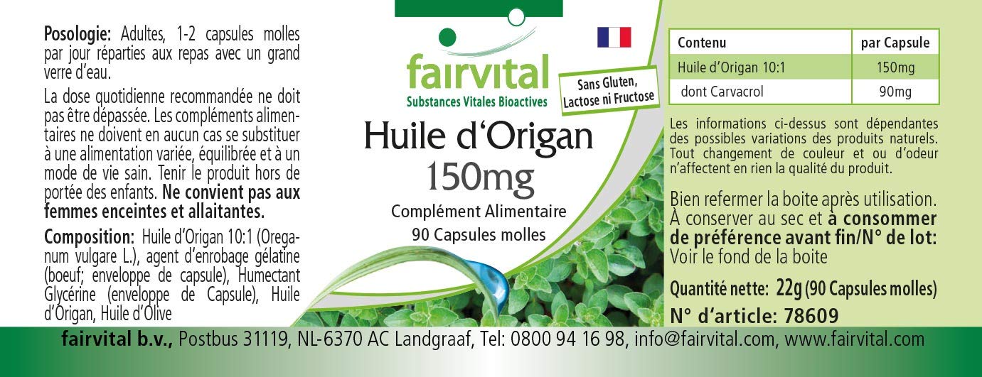 fairvital Capsule di olio di origano 150 mg, 90 capsule molli, facili da deglutire, ALTO DOSAGGIO, estratto di olio di origano 10:1, Origanum vulgare