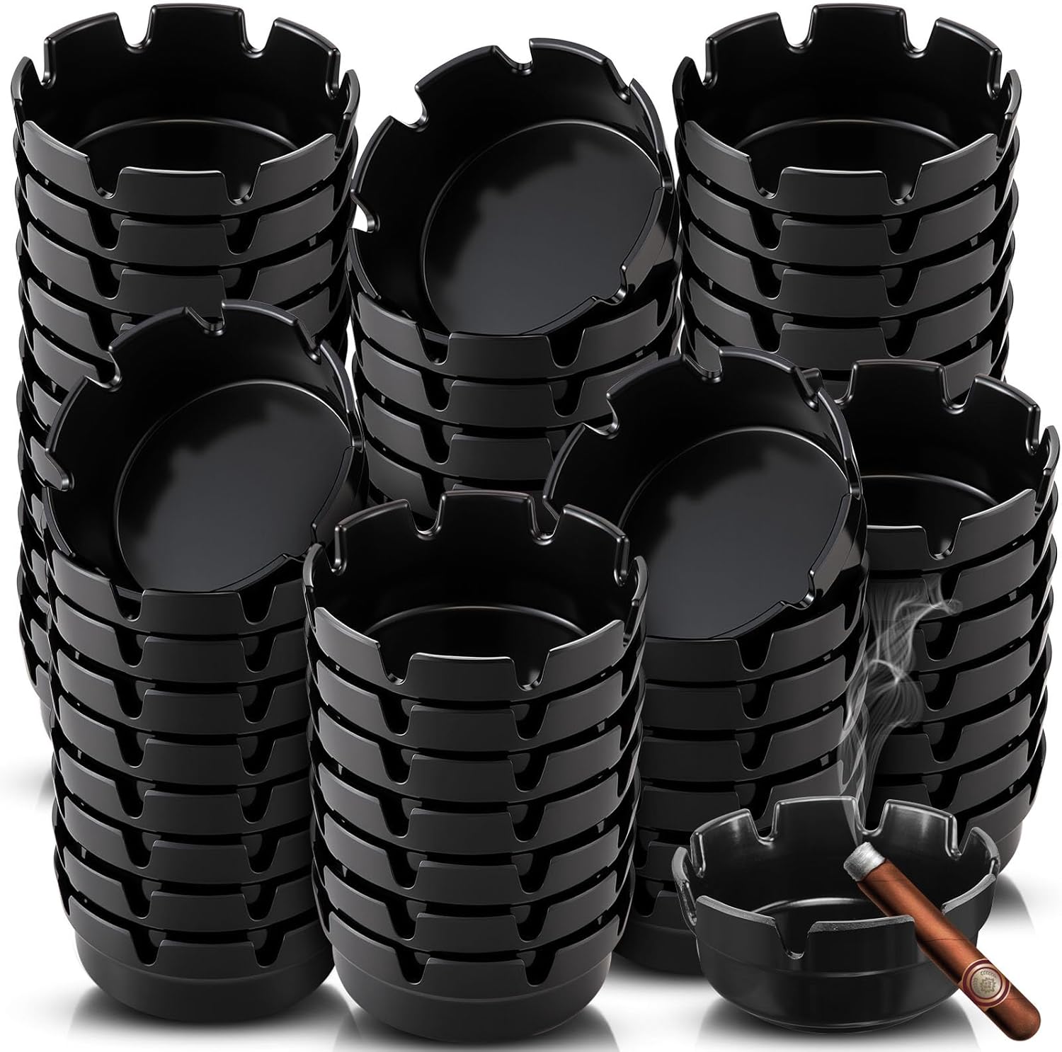 Reginary Pack of 48 Round Black Plastic Ashtrays Cigar Bulk Black Ashtray for Home Restaurant Bar Indoor Outdoor, 4 Inches in Diameter