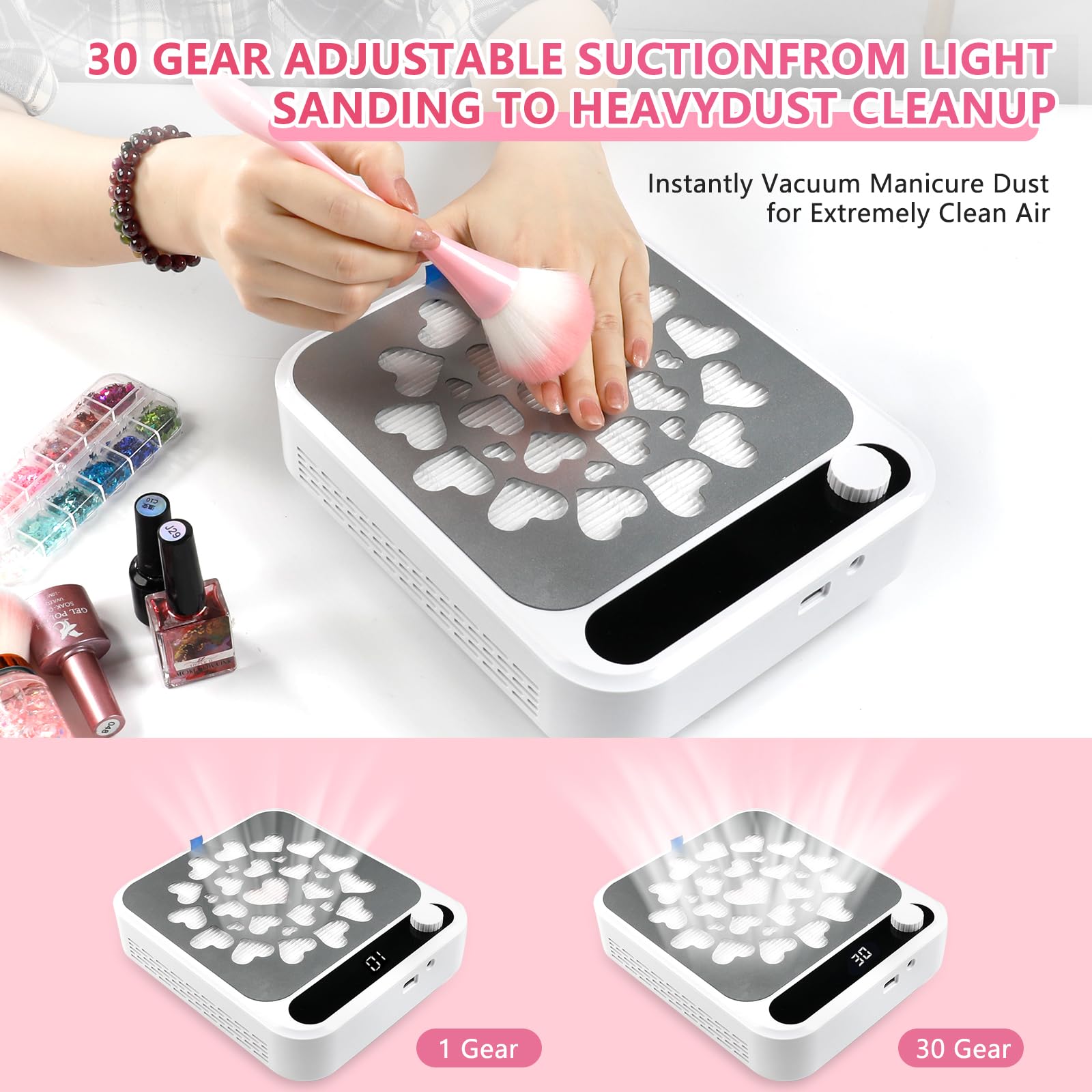 Colector de polvo de uñas, colector de polvo de uñas con luz LED y 2 filtros reutilizables y cepillo de limpieza, colector de polvo al vacío para manicura, esmalte de uñas de gel acrílico,